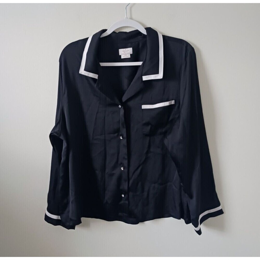 Kate Spade‎ New York Satin Pajama Top Black White Button Down XL